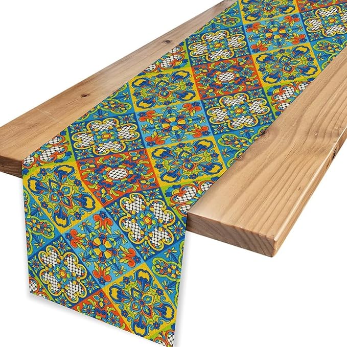 Mexican Table Runner, Blue Rustic Mexico Talavera Ceramic Hand Painted Tiles Cinco De Mayo Coffee Table Center Decor for Family Kitchen and Dining Patio Indoor Outdoor Table Decorations, 13" X 90"