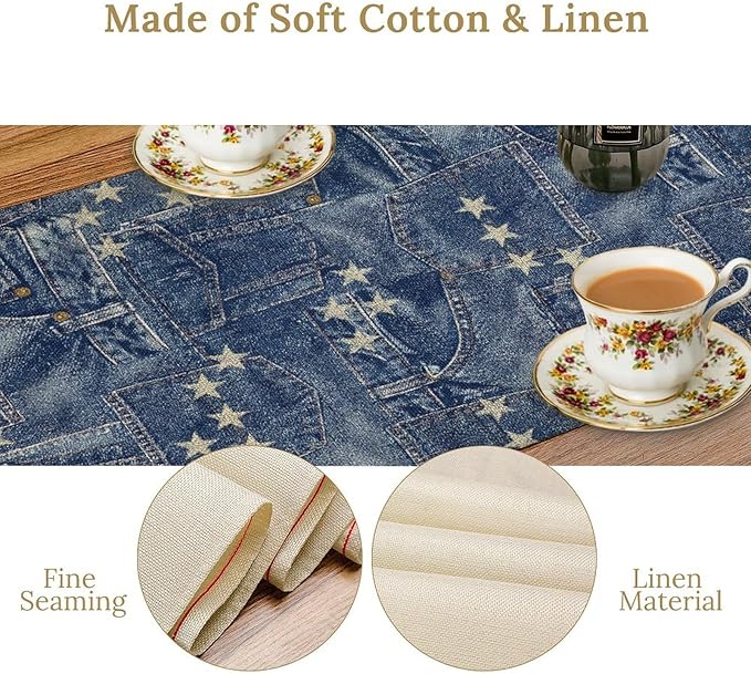 Patchwork Table Runner, Vintage Romance Jeans Pentagram Splicing Print Table Runner for Kitchen Dining Picnic Coffee Home 13x60in