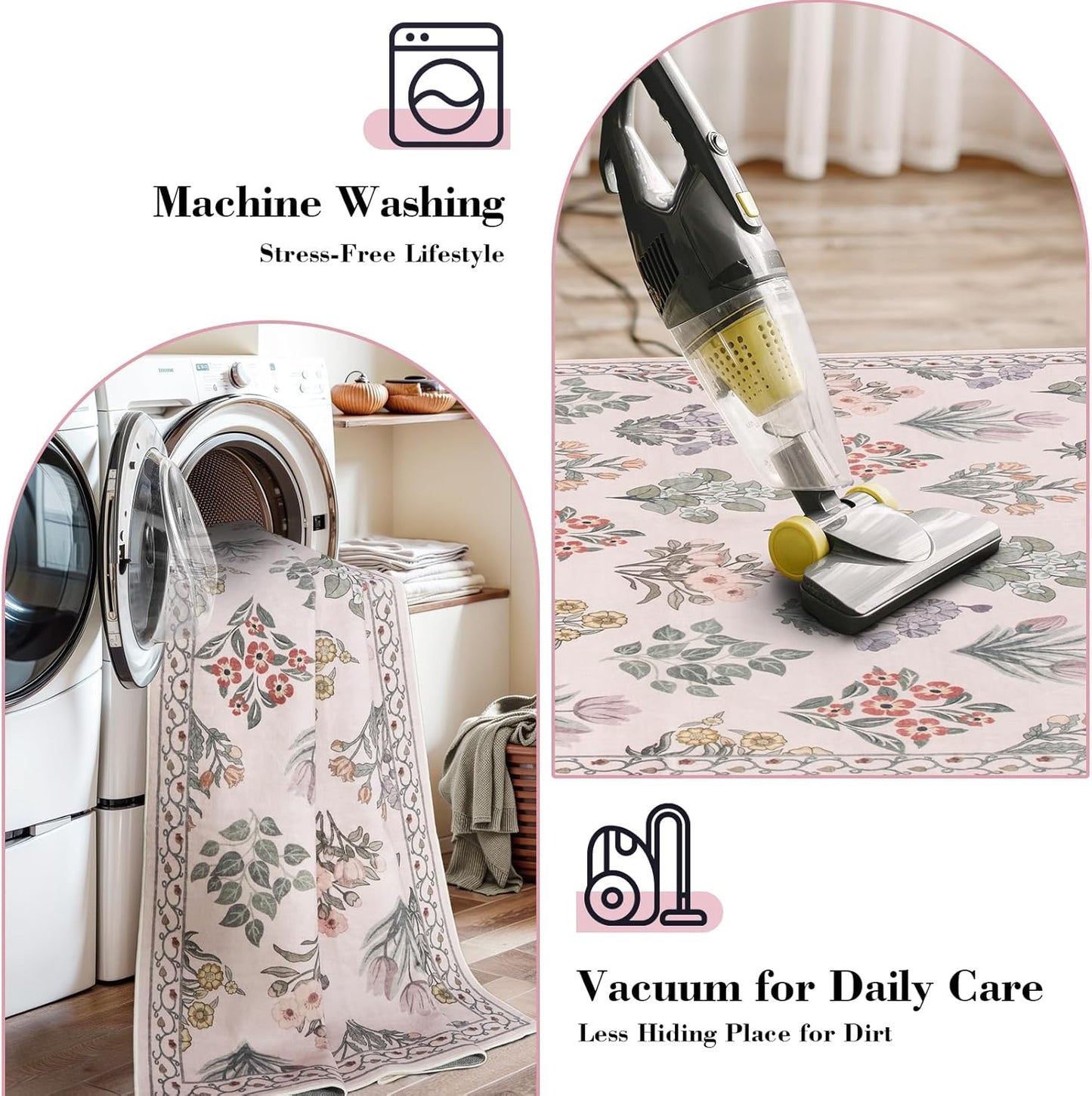 Wonnitar Pink Rugs for Bedroom Girls Nursery, Washable 5x7 Floral Rug, Boho Ultra-Thin Non Slip Soft Indoor Decor Carpet for Kids Room Playroom Living Room Dorm, Pale Pink