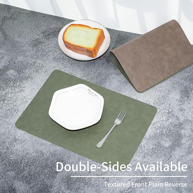 Cowhide Pattern Faux Leather Placemats Set of 6,Heat Resistant Non-Slip Waterproof Wipeable Washable Kitchen Dining PU Table Place Mats,Double-Sides Available,Green Brown