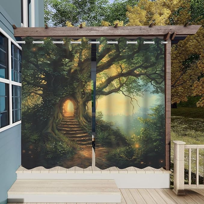 Fantasy Theme Outdoor Curtains for Patio Waterproof,Forest Pattern,Privacy Weatherproof Grommet Outside Curtains for Porch, Pergola, Cabana,Set of 2 Panels,42 x 84 inch,Green