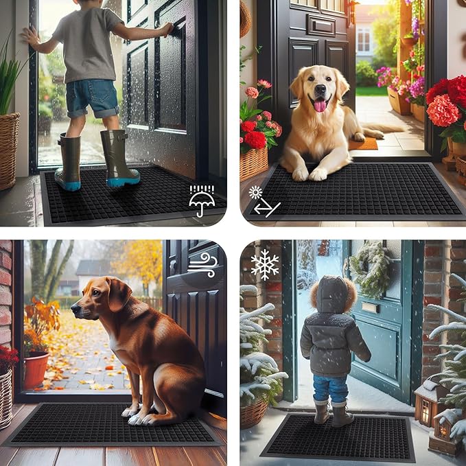Smiry Front Door Mat Outside Entrance, Heavy Duty Natural Rubber Doormat, Non Slip, Trap Dirt and Moisture, Easy Clean, Low Profile Welcome Floor Mats for Indoor Outdoor Entry, 59x34 Inch, Black