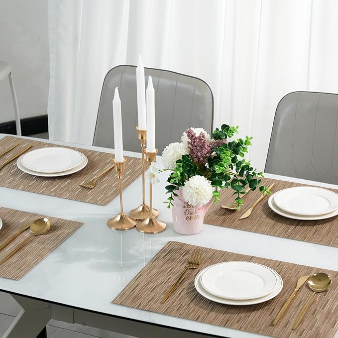 Placemats Set of 8，Non-Slip PVC Weave Table Mats Easy to Clean，Heat Resistant Place Mats for Kitchen Dining Table Decoration Indoor Outdoor，Light Brown
