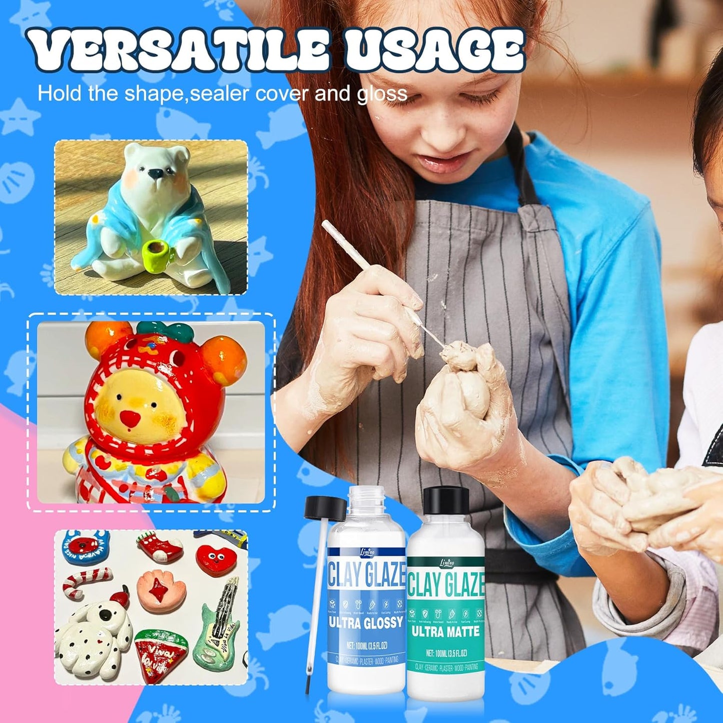 Air Dry Clay Glaze - Upgraded Polymer Clay Glaze, 2 x 100ml Ultra Gloss and Matte Finish Varnish Pottery Glaze, Clay Sealant to Prevent Scratches, Wear, Cracking - Professional Clay Tools, Quick Dry