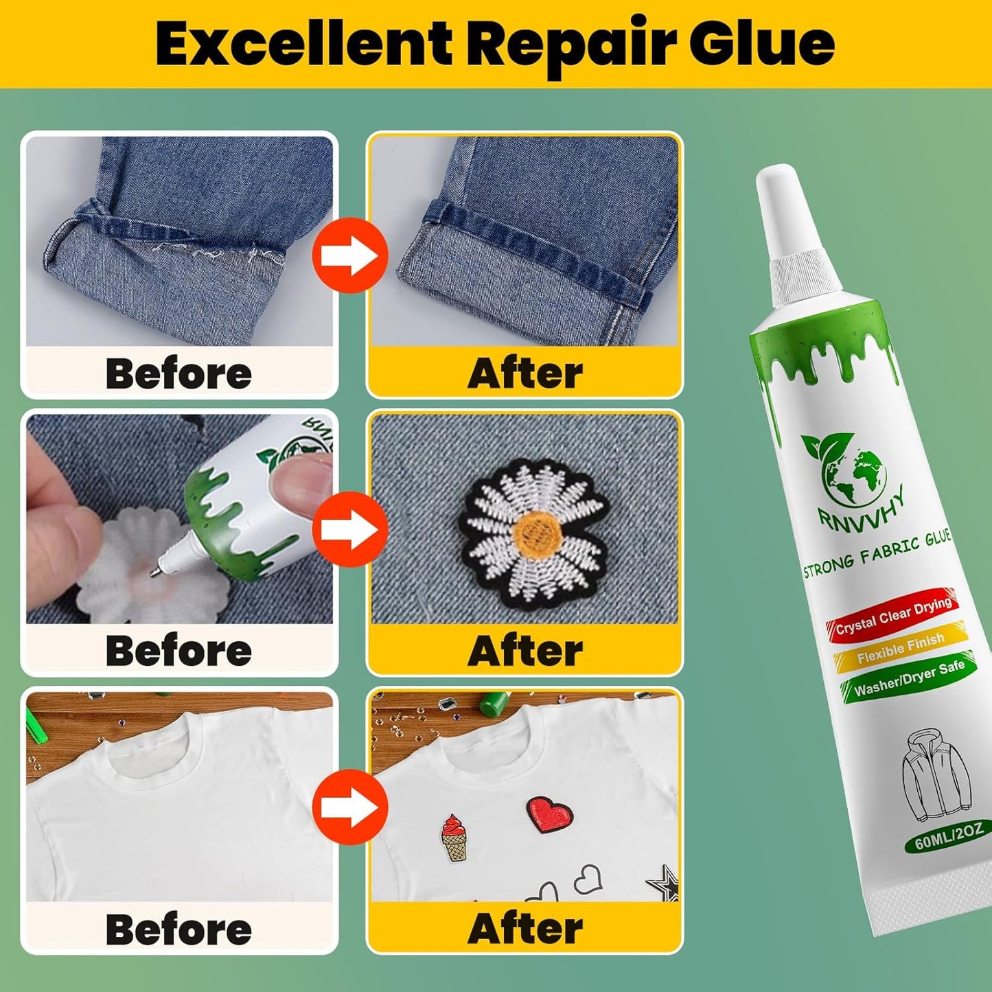 Fabric Glue Permanent, 60ml Super-Strong Clear Washable Fabric Adhesive for Clothing, Patches, Leather, Cotton, Denim, Polyester, Doll Repair (Fabric Glue Kits 2 Pack)