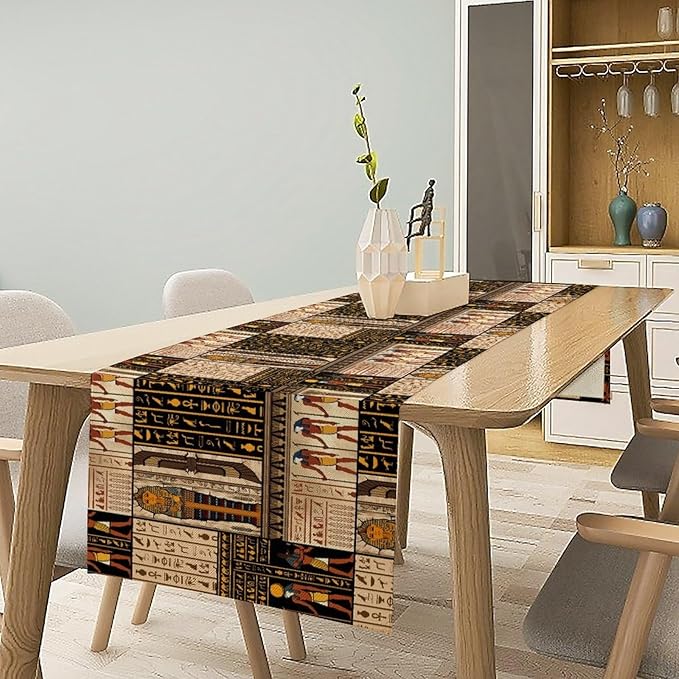 Ancient Egyptian Table Runner, Vintage Abstract Mystical Hieroglyphics Culture Table Runner for Dining Coffee Party Holiday Farmhouse 13x90in