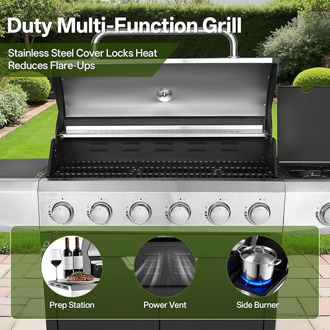 Endark Upgraded 68,500 BTU 6-Burner Stainless Steel Propane Gas Grill – Outdoor BBQ Grill with Side Burner & Porcelain Grates, Barbecue Grill Wheeled for Patio, Garden, Backyard