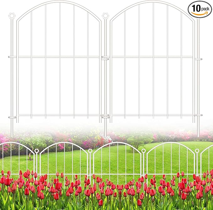 Decorative Garden Fence 17in x10ft, 10 Pack Rustproof Metal No Dig Fence Animal Barrier for Dog, Arched Flower Bed Edging Ornamental Wire Border Panel Fencing for Yard Patio Outdoor Decor White