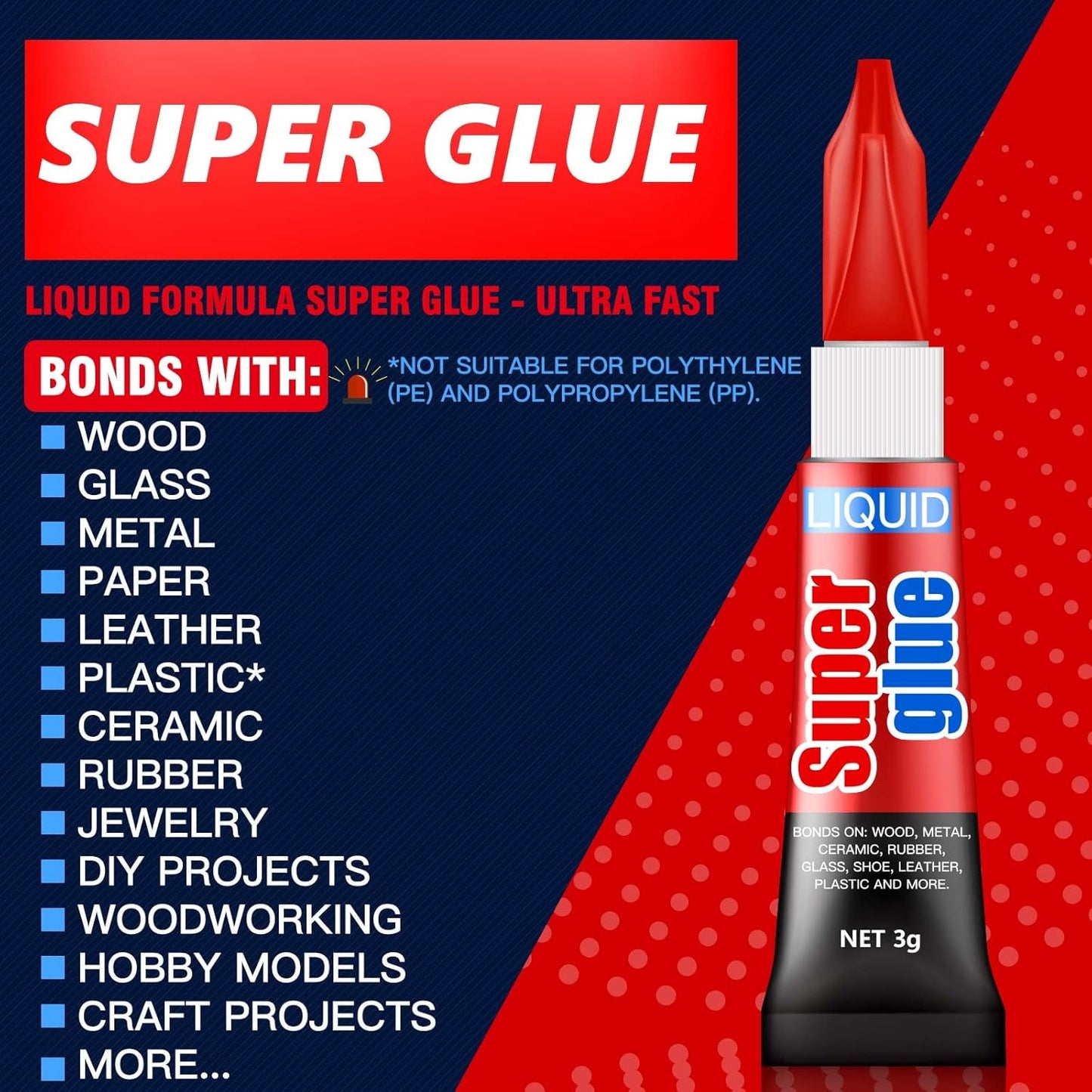 3 Gram (Pack of 6) Single Use Super Glue Liquid, Super Fast, Thin & Strong Adhesive Superglue, Cyanoacrylate Glue for Hard Plastics, DIY Craft, Ceramics, Leather, Metal Etc