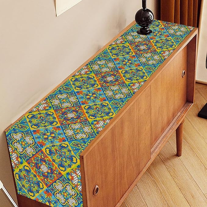 Mexican Table Runner, Blue Rustic Mexico Talavera Ceramic Hand Painted Tiles Cinco De Mayo Coffee Table Center Decor for Family Kitchen and Dining Patio Indoor Outdoor Table Decorations, 13" X 90"