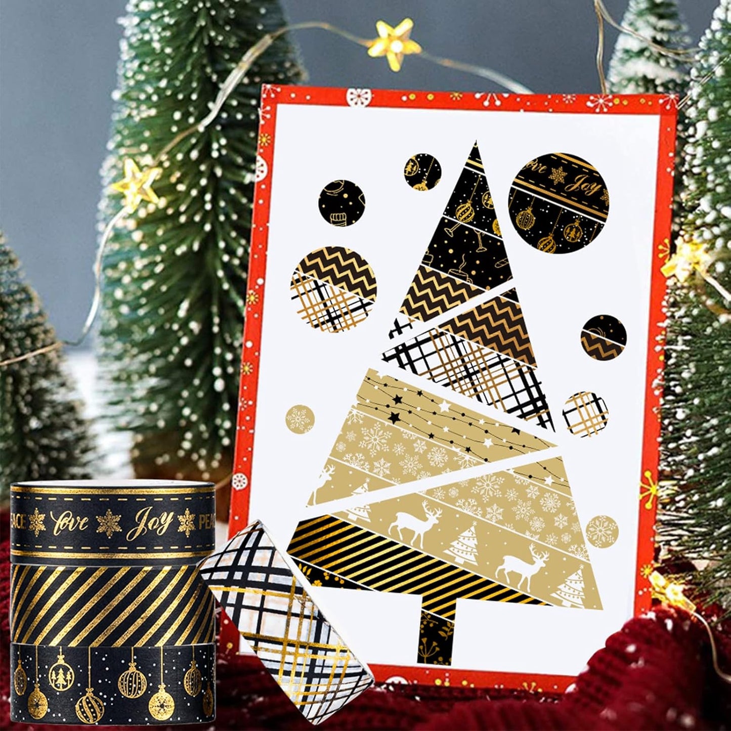 Whaline 12 Rolls Christmas Washi Tape Black Gold Xmas Washi Masking Tape Foil Gold Snowflake Xmas Tree Xmas Tree Ball Plaid Pattern Decorative Tape for Scrapbook Journal DIY Craft Gift Wrapping