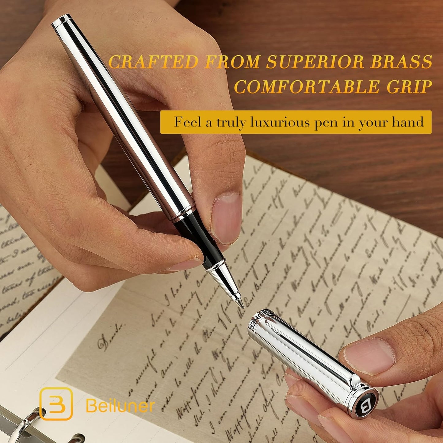 BEILUNER Luxury Silver Rollerball Pen, Stunning Bright Silver Chrome Finish,Noble and Elegant Designs,Schneider Ink Refill, Best Gift Pen for Men & Women, Professional, Executive Office, Fancy Pens