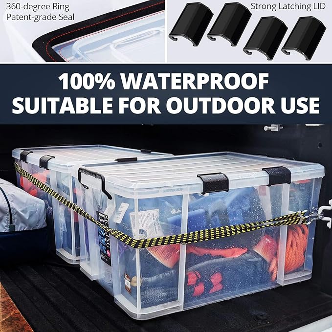 3-Pack Waterproof Plastic Storage Box, 90QT/85L Stackable Latch Box Durable Multi-Purpose Locking Bin with Lid and Black Clips for Bedding, Toys, Shoes and Clothes