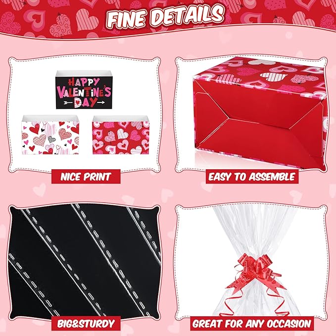 Tatuo 120 Pcs Valentines Day Baskets Gifts Empty Set Includes Valentines Empty Market Tray Cardboard Basket Clear Cellophane Bags Gift Tags Pull Bows for Wedding Holiday Birthday Party Supplies