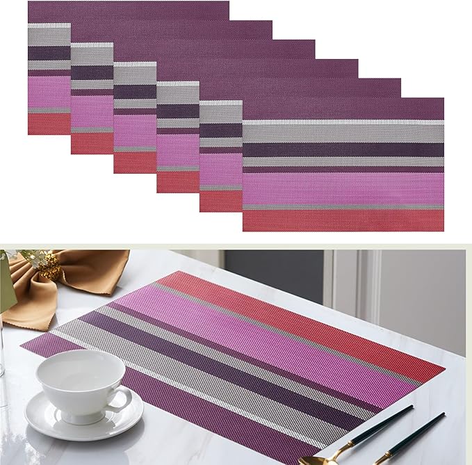 Set of 6 Colorful Striped Vinyl Placemats Heat-Resistant Washable Placemats Non-Slip Woven Table Mats Wipeable Placemat for Kitchen Dining Table Decoration Indoor Outdoor (Violet Purple)