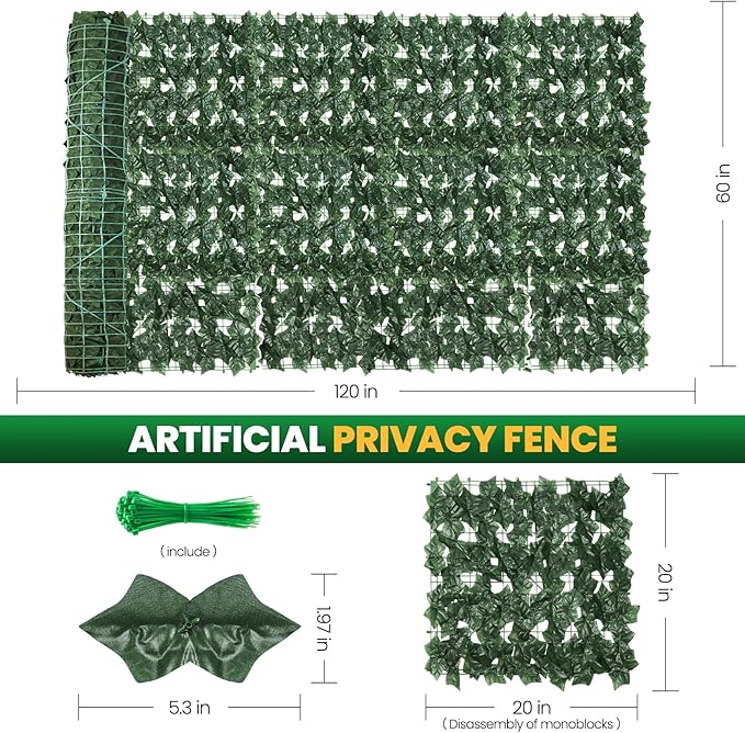 KASZOO Artificial Ivy Privacy Fence Screen, 120x60in, 18 Pack, Green, Modern Style, Plastic & Polyethylene Material, Easy Assembly, Perfect for Balcony, Garden, Backyard Privacy