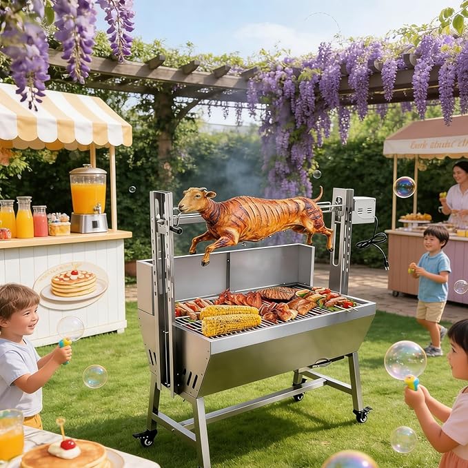Electric Rotisserie Grill Kit with Windscreen, Large Charcoal Grill with Motor, Stainless Steel Automatic Pork Grill & Outdoor Lamb Goat Roaster, 132 Lbs Capacity for Camping Outdoor