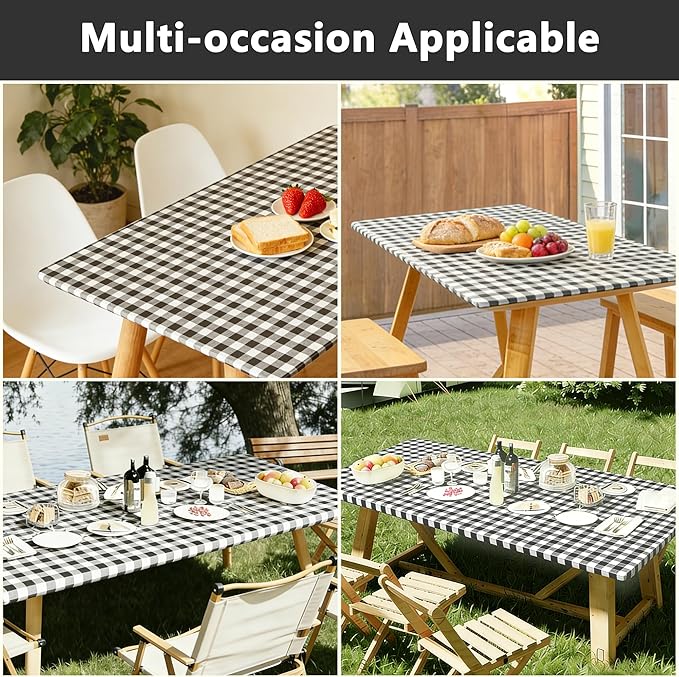 Rectangle Picnic Table Cloth, Elastic Waterproof Fitted Vinyl Tablecloths for 6 Foot Tables, Wipeable Flannel Backed Table Covers for Dining, Camping, Outdoor(Black Plaid,30"x72")