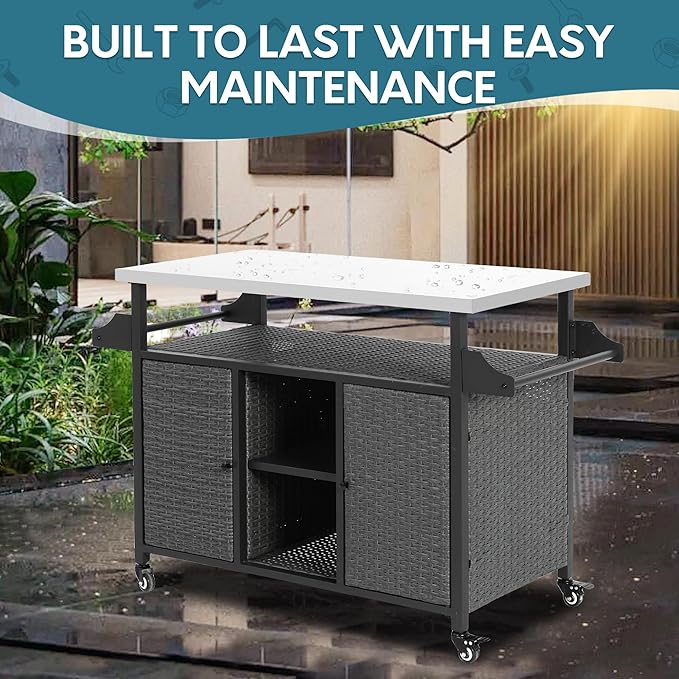Outdoor Wicker Grill Cart with Storage Cabinet, Outdoor Moveable Bar with Rolling Wheels, Patio Prep Table with Wicker Cabinet, Kitchen Buffet Cabinet with Island, Grey