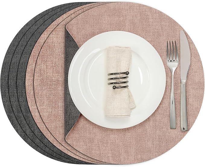 Myir JUN Round Placemats, Dual Sided Faux Leather Place Mats Set of 6 Indoor/Outdoor Non-Slip Washable Table Mats (Gray Pink, Set of 6)