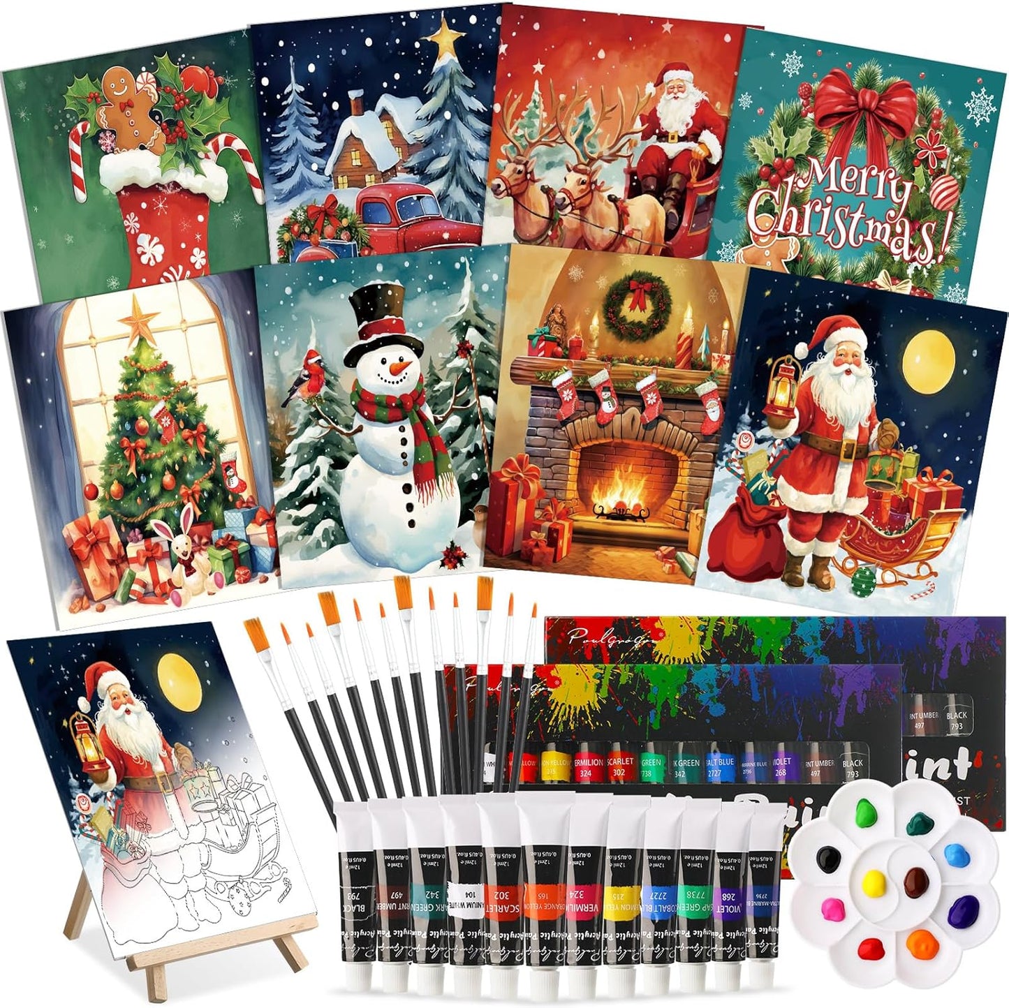 Cholemy 36 Pcs Paint and Sip Kit for Adults 8''x10'' Pre Drawn Canvas for Painting DIY Afro Acrylic Painting Kit Wood Easel Brushes Date Night Bulk for Christmas Party Gifts(Christmas A)