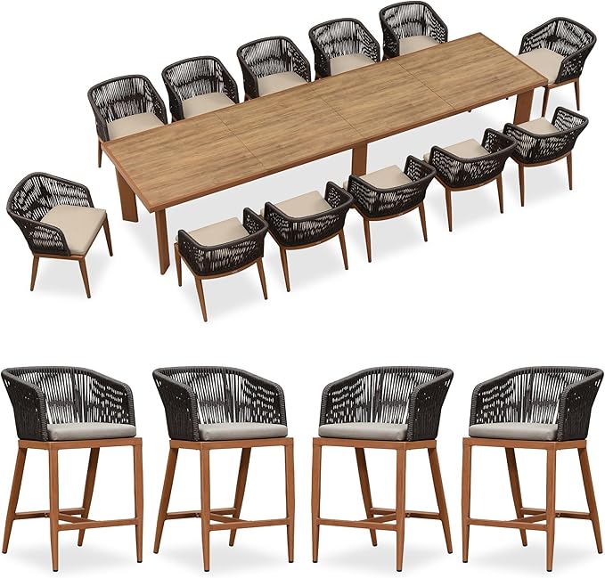 PURPLE LEAF 13 Pieces Outdoor Dining Set Patio Furniture Set Aluminum Rattan Wicker Patio Table and Chairs Set for Lawn Porch Deck Brown with Counter Stools