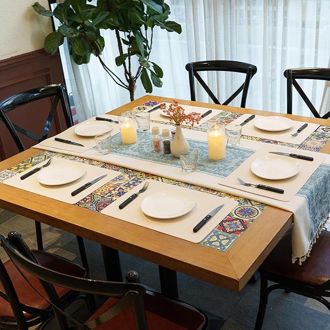 Faux Leather Placemats Set of 6 – 17x12 Inch Vinyl Table Mats, Heat Resistant, Non Slip, Wipeable & Washable, Easy to Clean Dining Table Decor for Kitchen & Dining Room （Ivory White）