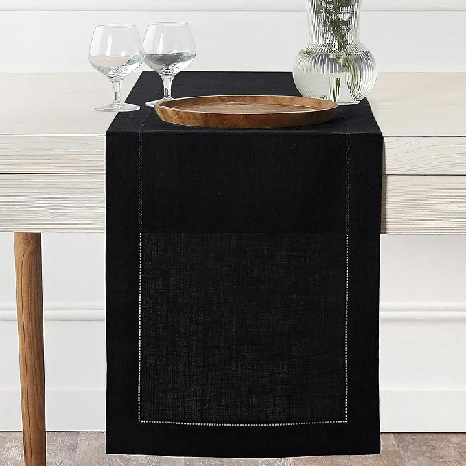 D'Moksha Homes Linen Black Table Runner 108 Inches Long - 100% Pure Linen 14 x 108 Inch Table Runner for Spring, Easter - Classic Hemstitch