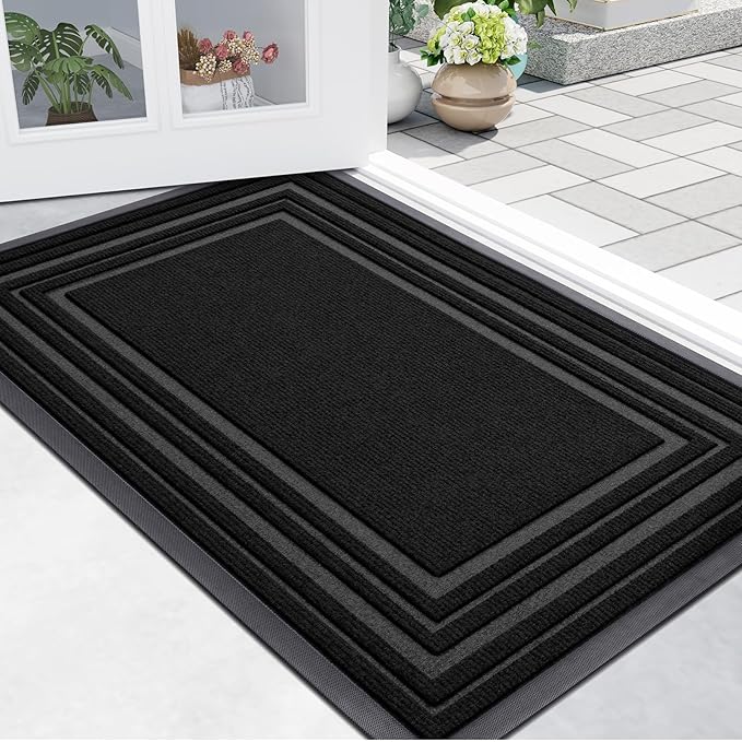 Buganda Front Door Mat Indoor Outdoor Entrance, Non-Slip Natural Rubber Doormats, Easy Clean, Low Profile, Dirt Trapper Entryway Floor Mats for Outside, Garages and Patios, 36x24, Black