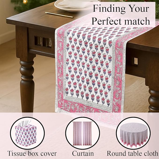 CPC Cotton Table Runner 16x90 Inch Block Printed Long Fall Table Runner for Dining Table, Card Table, Coffee Table, Wedding, Farmhouse & Outdoor Barbeque-Pink Sapphire