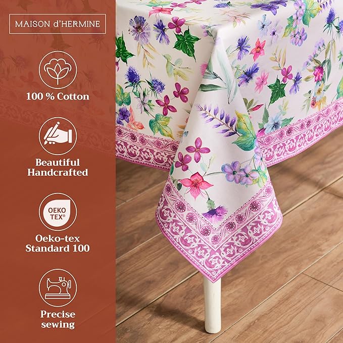 Maison d' Hermine Table Cloth Rectangle Table 100% Cotton 60 x 90 Inches Tablecloth Reusable Decorative Everyday Use for Dining Room, Farmhouse, Home, Party, Festive & Wedding Spring Summer - Chardon
