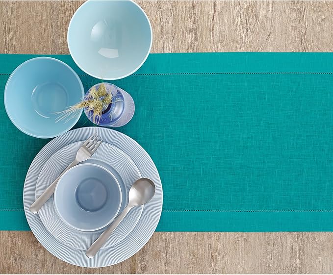 Solino Home Linen Hemstitch Table Runner 48 Inches - 100% Pure Linen Teal Table Runner 14 x 48 Inch Ideal for Dresser and Coffee Tables - Classic Hemstitch