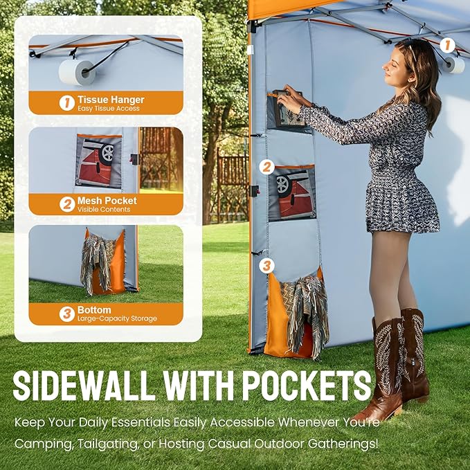 CROWN SHADES Canopy Tent, 10 x 10 Foot Portable Pop Up Outdoor Shelter with Pocket Sidewall, Push Center Lock, UV Protection, and Carry Bag, Orange
