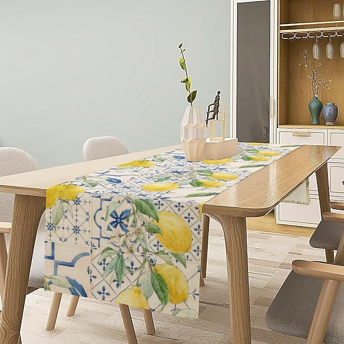 Vintage Lemon Table Runner, Watercolor Yellow Lemons Blue Tiles Spring Summer Seasonal Kitchen Dining Table Decoration for Indoor Outdoor Party, 13x108inch
