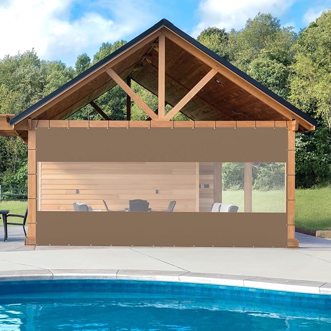 Domi Heavy Duty Outdoor Clear Panel Curtain, 18 oz Waterproof PVC Polyester Curtain, Weather Resistant & Tearproof for Patios, Gazebos, Pergolas, Privacy Screen (8'H x 16'W, Brown)