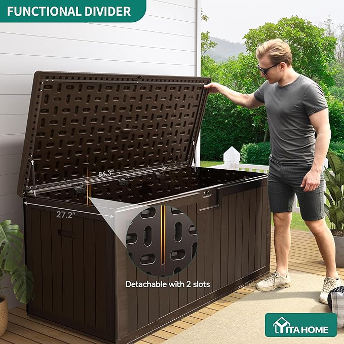 YITAHOME 150 Gallon Double-Wall Deck Box with Side Handles, Outdoor Large Storage for Patio Furniture Cushions, Garden Pool Accessories, Water Resistant & Lockable