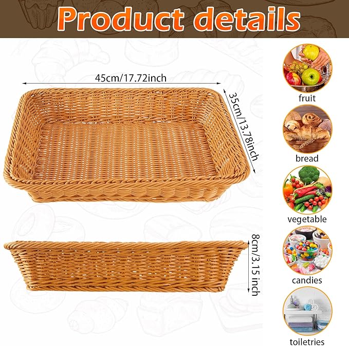 Tioncy 10 Pcs Poly Wicker Bread Basket 17.72 x 13.78 x 3.15 Woven Bread Imitation Rattan Fruit Basket Tray Stackable Rectangular Food Baskets for Serving Display Storage Kitchen Restaurant Vegetable