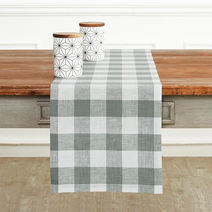 Solino Home Linen Checkered Table Runner 144 Inches Long - 100% Pure Linen Grey and White Buffalo Check Extra Long Table Runner 14 x 144 Inch Ideal for Dining, Winter, Spring, Easter
