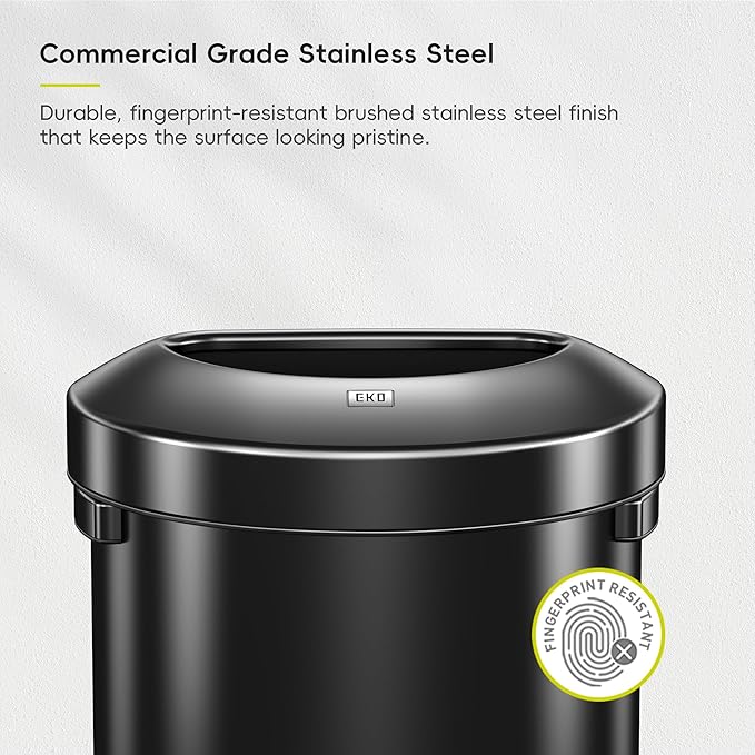 EKO Urban 16 Gallon Semi-Round Open Top Waste Bin, Stainless Steel Half Round Commercial Trash Can for Indoor and Outdoor, Extra Large Garbage Bin for Home, Office, Restaurant, 60L, Matte Black