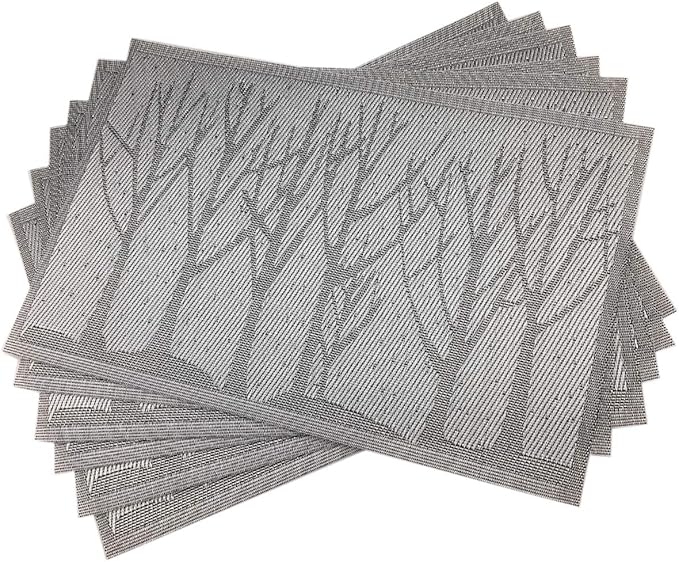 Gugrida Place Mats PVC Set of 6, Table Placemats Set of 6 PVC Woven Vinyl Place Mats Table Mats Natural Color (6 pcs, Silver Tree)