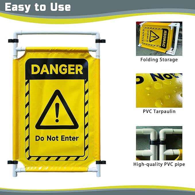 Safety Caution Barricade 3Panels Foldable Security Signs With PVC Tarp Removable Safety Barrier Wet Floor Guard Symbol Clear Printing Safety Fence(Yellow)