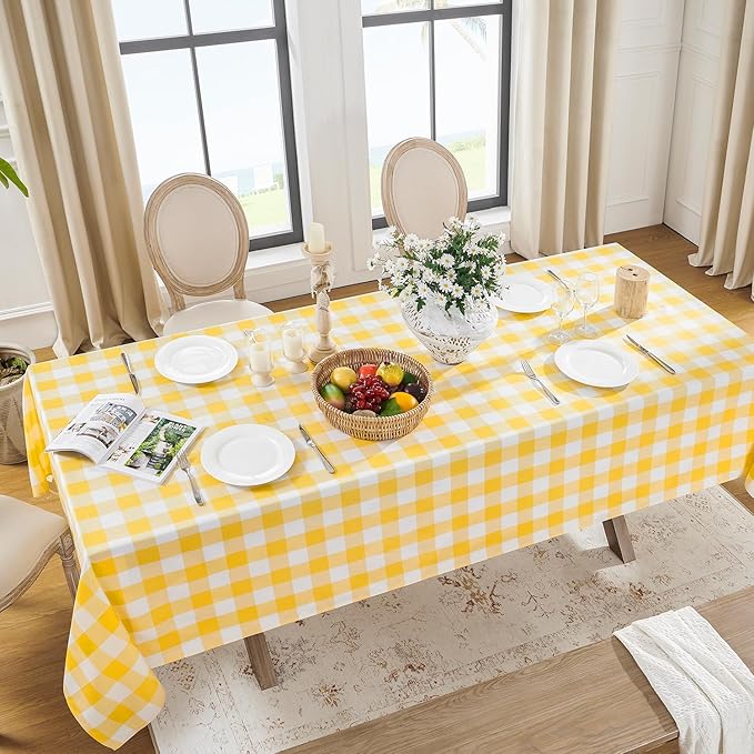 Softalker Gingham Checkered Tablecloth Rectangle - Outdoor Waterproof Buffalo Plaid Table Cloth, Stain Resistant Washable Table Cover for Picnic, Camping - Yellow and White, 2 Pack - 60 x 84 Inch