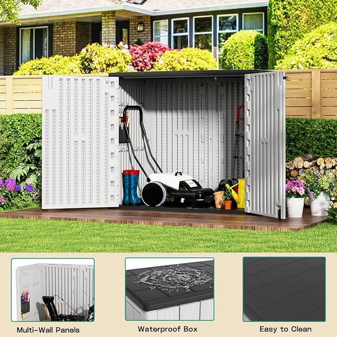 KINYING Outdoor Horizontal Storage Sheds,37 Cu.ft Outdoor Storage Cabinet Waterproof Resin Tool Storage Box for Lawn Mower,Garden Tools and Patio Furniture, Lockable (Grey)