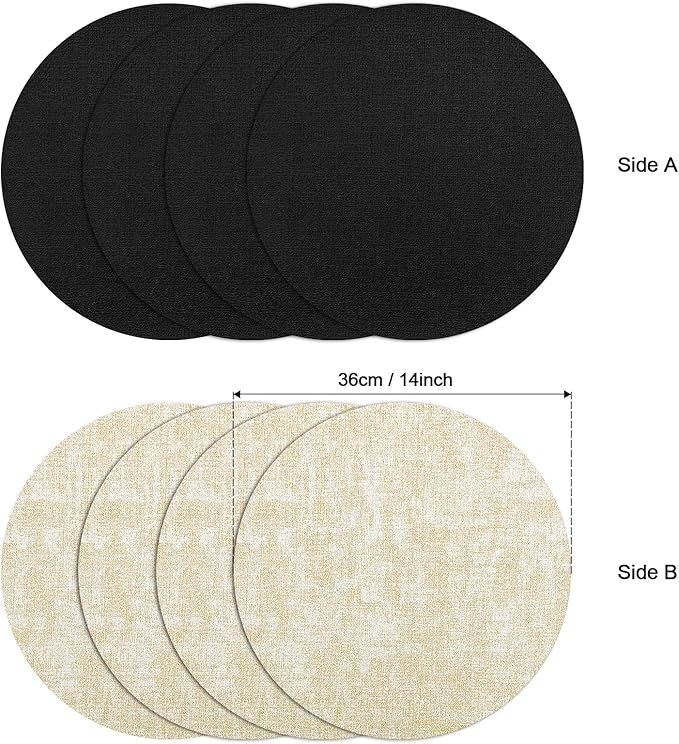 Myir JUN Round Placemats, Dual Sided Faux Leather Place Mats Set of 4 Indoor/Outdoor Non-Slip Washable Table Mats (Cream-White Black, Set of 4)