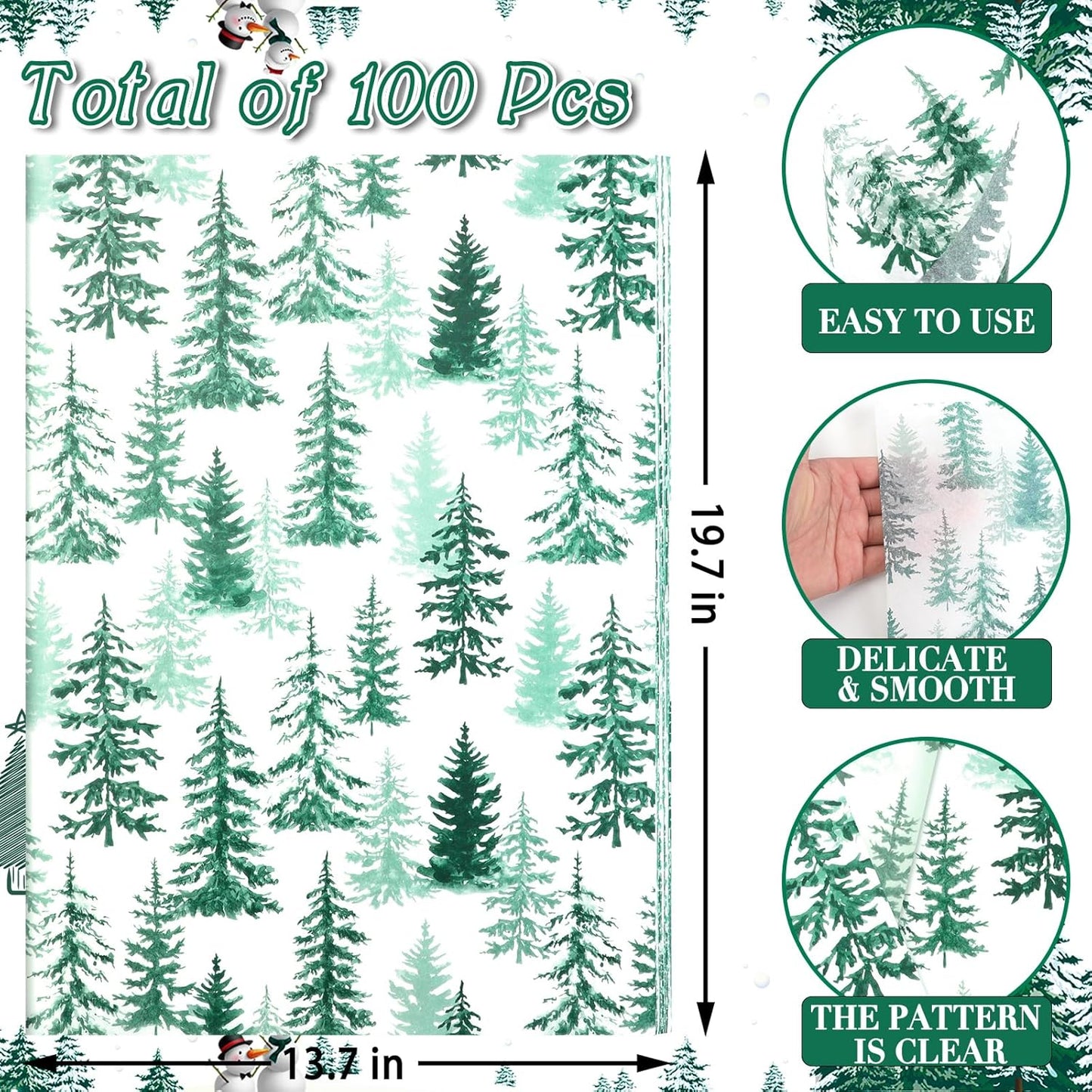 100 Sheets Christmas Tree Tissue Paper, 20x14in Forest Style Wrapping Tissue Watercolor Xmas Tree Art Tissue for Xmas Party Gift Bag Fillers Winter Party Decor (Blush Green)
