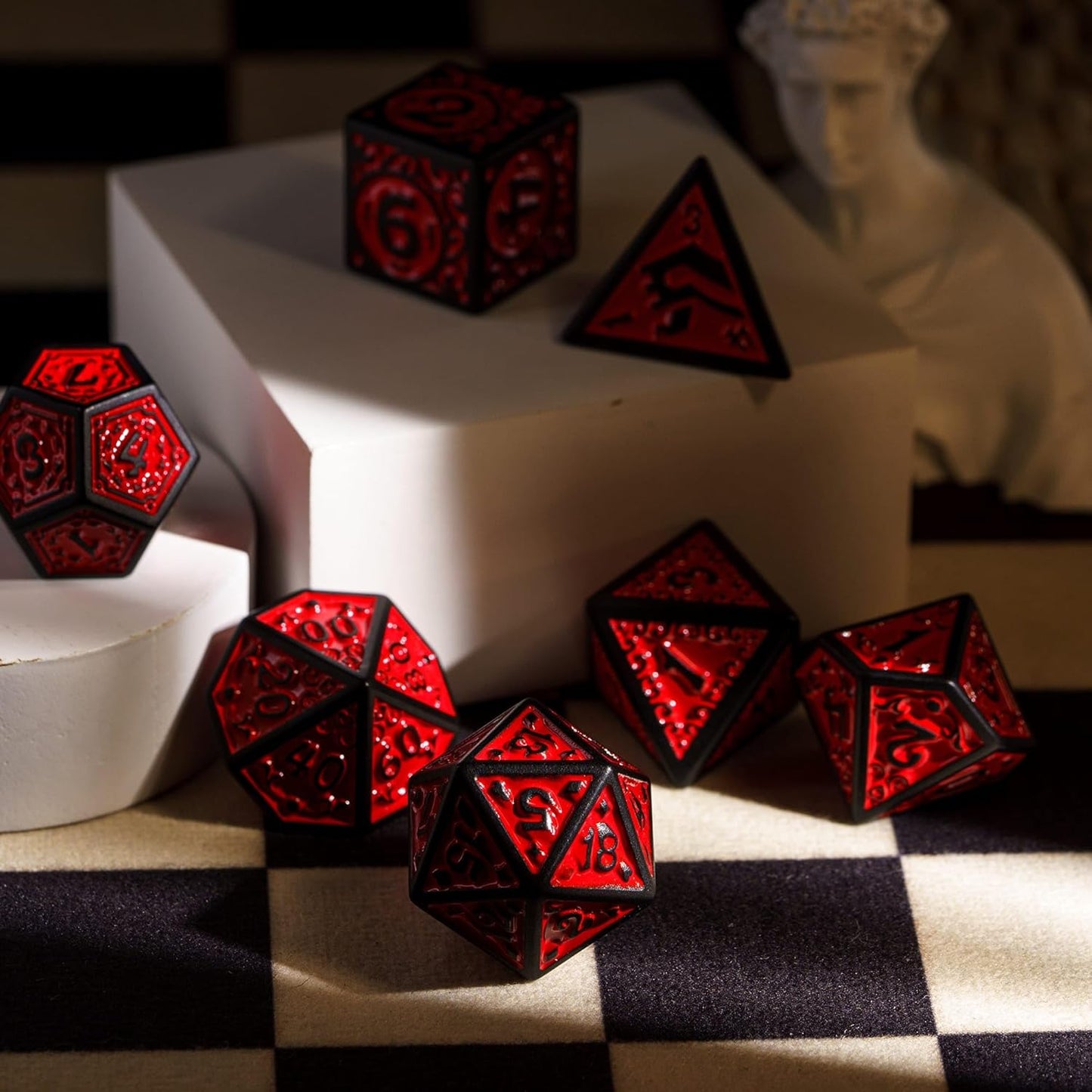 7-Die DND Dice Set New Pattern Polyhedral Dice Set with Leather Bag D&D Die for RPG Table Games(Black Red)