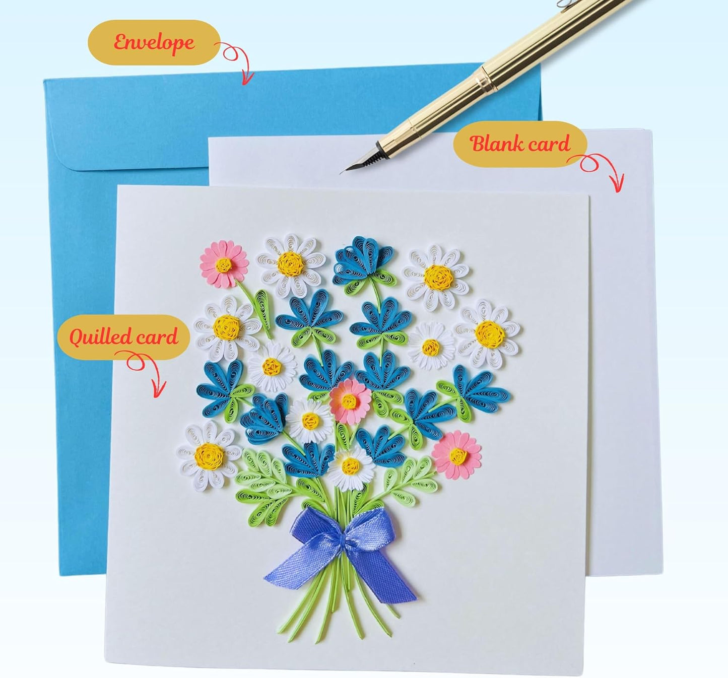 Quilling Cards, handmade card, quilled cards with Dedicated Paper Handmade Art for all occasions: Mother's day, Father's day, Birthday... daisy bouquet (Daisy bouquet)