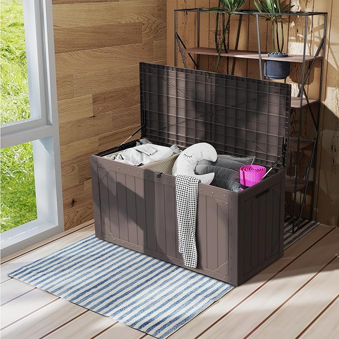 100 Gallon Resin Deck Box, Waterproof Outdoor Storage Box for Patio Furniture, Garden Tools, and Pool Accessories, Lockable UV-Resistant Storage Bin Bench Cabinet for Outside, Brown