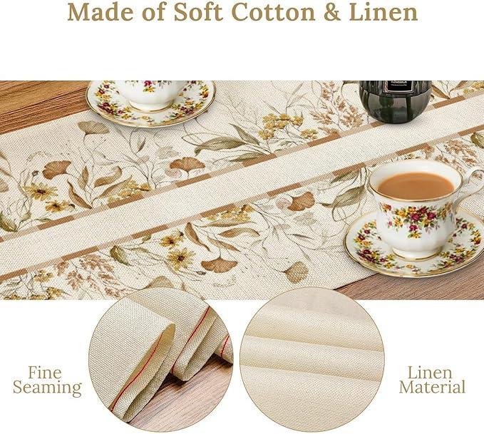 Autumn Wildflower Table Runner, Fall Yellow Flowers Leaves Thanksgiving Table Runner for Holiday Indoor Outdoor Home Party, 13x90inch