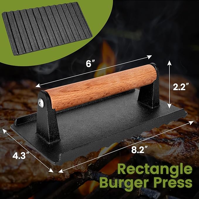 Burger Press, 8.3”X4.3”Rectangle Heavy-Duty Cast Iron Smash Burger Press Griddle Accessories with Heat Resistant Wood Handle for Blackstone Griddle, Ideal for Panini, Steak & Sandwiches